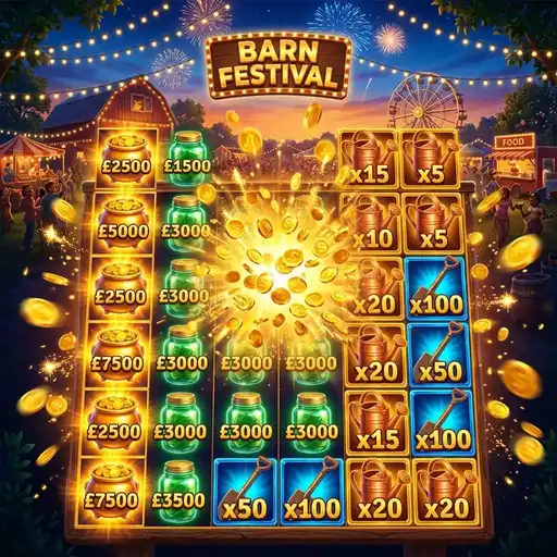 Barn Festival Money Respin on 6x5 grid many positions filling harvest symbols gold values farm theme