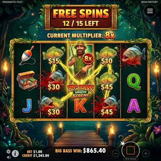 Big Bass Amazon Xtreme piranha and fisherman interaction during bonus