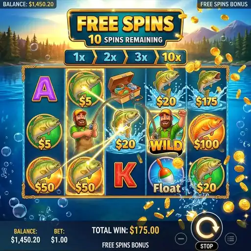 Big Bass Bonanza slot fisherman wild collecting money symbols during free spins