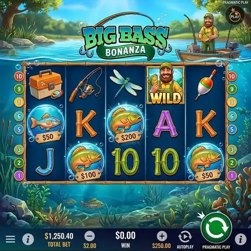 Big Bass Bonanza slot 5x3 grid with fishing theme and lake background