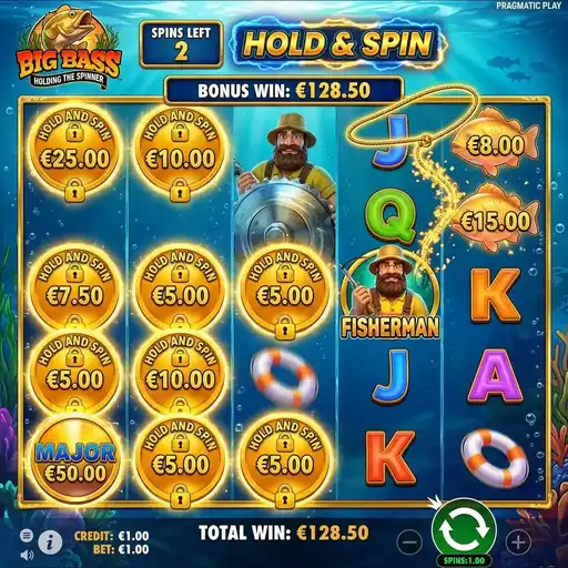 Big Bass Holding the Spinner hybrid bonus with Hold and Spin and fishing mechanics