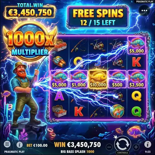 Big Bass Splash 1000 super bonus with ultra-high multiplier fishermen
