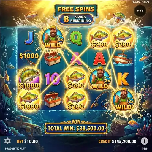 Big Bass Splash slot multiple fishermen collecting multiplied money values