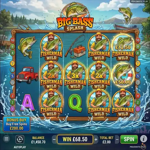 Big Bass Splash slot 5x3 grid with multiplier fishermen wilds