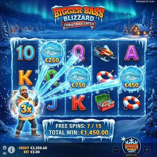 Bigger Bass Blizzard enhanced fisherman collecting frozen coins