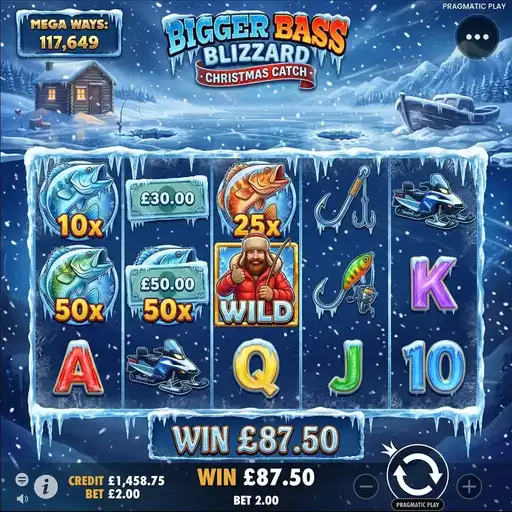 Bigger Bass Blizzard slot winter theme with 5x4 grid