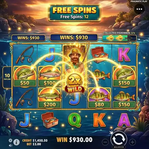 Bigger Bass Bonanza slot enhanced fisherman collecting doubled money symbols