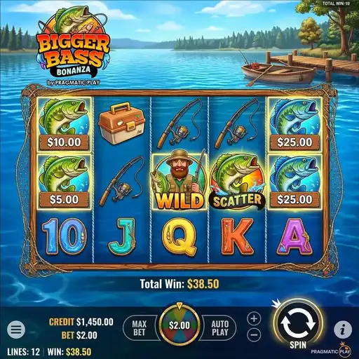Bigger Bass Bonanza slot 5x3 grid with enhanced fisherman wilds