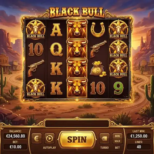 Black Bull slot base game with Spanish bull symbols and 40 paylines