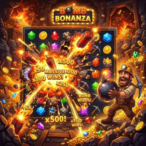 Bomb Bonanza free spins bombs detonating revealing hidden money values cluster cascading 7x7 grid