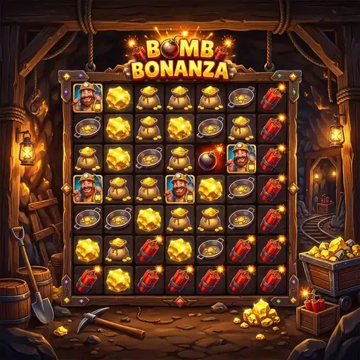 Bomb Bonanza slot 7x7 grid cluster pays bomb explosion mechanic tumble cascading money reveals cartoon