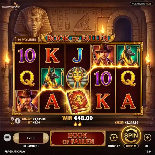 Book of Fallen slot 5x3 grid 10 paylines book mechanic expanding symbol Egyptian fantasy fallen angels