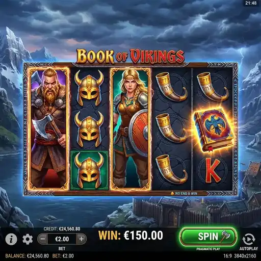 Book of Vikings slot 5x3 grid 10 paylines Nordic book mechanic expanding symbol Viking warriors Norse runes