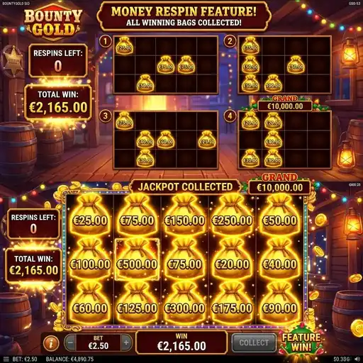 Bounty Gold Money Respin with locked coin symbols and jackpot corner prizes on 5x3 western bounty hunter grid