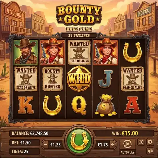 Bounty Gold slot 5x3 grid western bounty hunter theme Money Respin coin symbols wanted poster backdrop