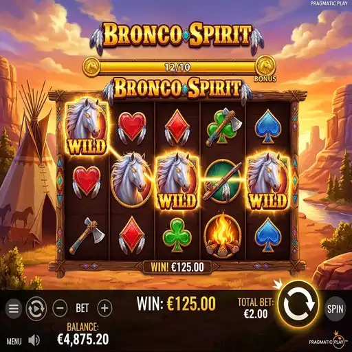 Bronco Spirit slot 5x3 grid with wild mustang horse symbols on American prairie backdrop