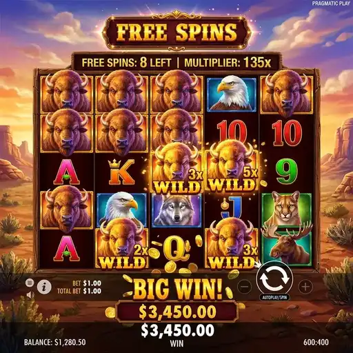 Buffalo King free spins with multiplier wild symbols 2x and 3x on reels creating multiplicative payline wins in American wilderness