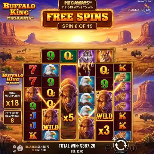 Buffalo King Megaways free spins with rising multiplier trail buffalo wild symbols cascading tumbles on American wildlife grid
