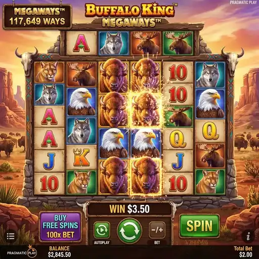 Buffalo King Megaways slot 6 reel variable Megaways grid American wildlife buffalo symbols tumble wins mountain space