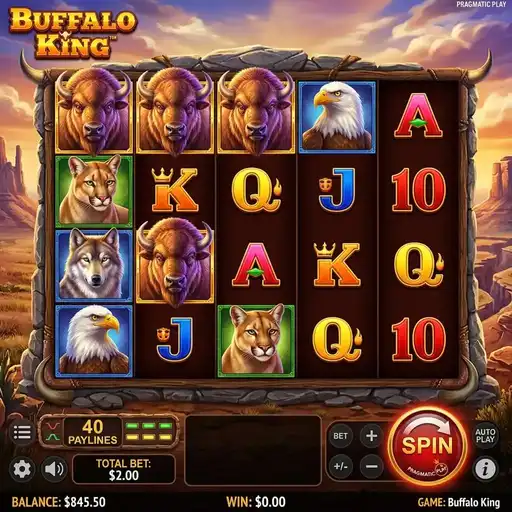 Buffalo King slot 5x4 grid with American wildlife backdrop buffalo symbols multiplier wilds mountains and golden sunset