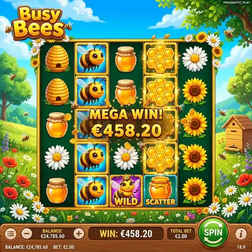Busy Bees slot 5x5 cluster pays grid with honeycomb frame and honey meter mechanic