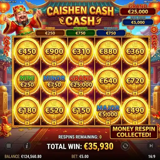 Caishen Cash money respin gold symbols locking grid filling Chinese wealth god yuanbao ingots