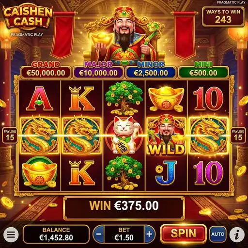 Caishen Cash slot with Chinese wealth symbols and money values