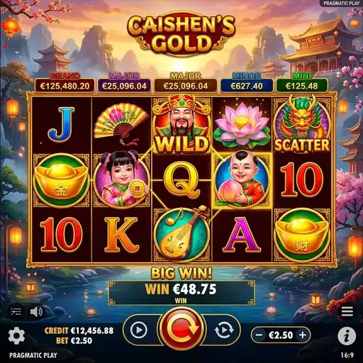 Caishen's Gold slot with Chinese prosperity symbols and gold reels