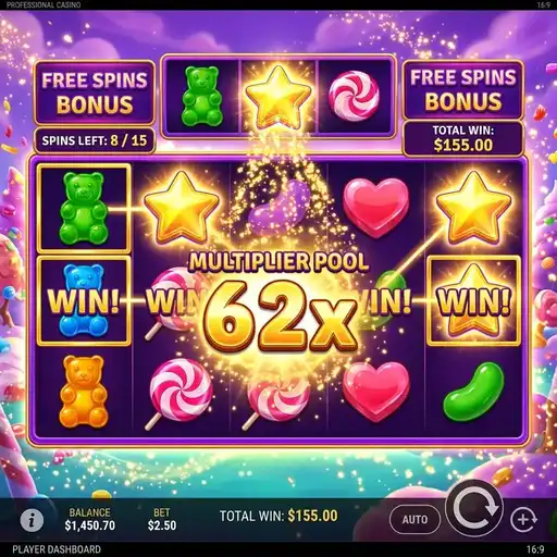 Candy Stars free spins with accumulated star multiplier pool showing stacked multiplier counter