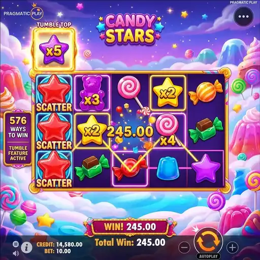 Candy Stars slot 5x3 grid with top reel bonus position and 576 ways star symbol mechanics
