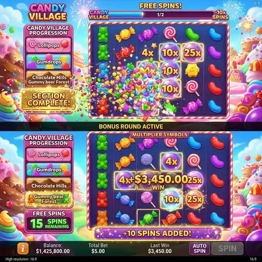 Candy Village free spins with multiplier symbols active and village completion bonus reward displaying