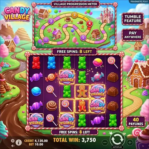 Candy Village slot 6x5 Pay Anywhere grid with village progression meter and candy house symbols