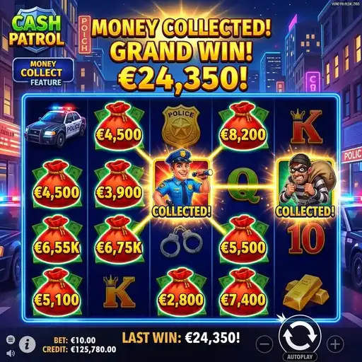 Cash Patrol Money Respin with locked gold coins police pursuit jackpot corners active on 5x3 city crime grid
