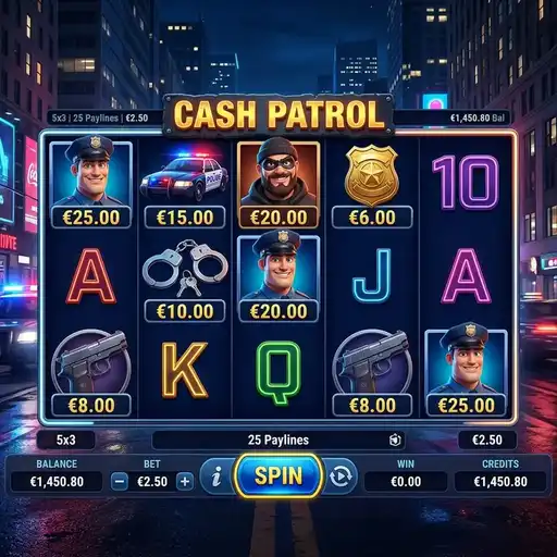 Cash Patrol slot 5x3 grid police pursuit theme Money Respin coin symbols police car badges city night backdrop