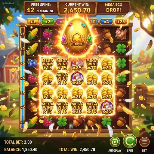 Chicken Drop bonus round with cluster tumbles and farm symbols