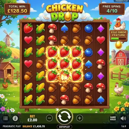 Chicken Drop 7x7 cluster pays slot with egg-cracking symbol reveal and farmyard theme
