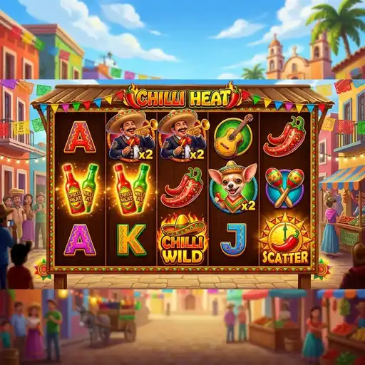Chilli Heat slot 5x3 grid with Mexican fiesta theme and money bag Hold and Respin symbols