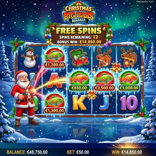 Christmas Big Bass Bonanza Santa fisherman collecting holiday money symbols