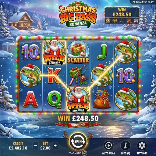 Christmas Big Bass Bonanza frozen lake theme with holiday decorations