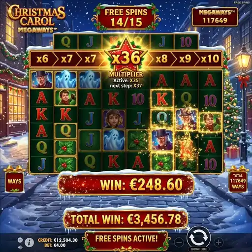 Christmas Carol Megaways free spins ghost bonus with multiplier trail Victorian theme cascading wins three spirits