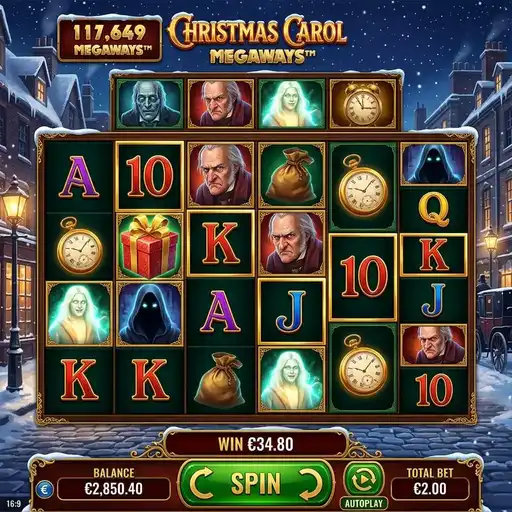Christmas Carol Megaways slot 6 reel 200704 ways Victorian London Dickens theme ghost features multiplier trail