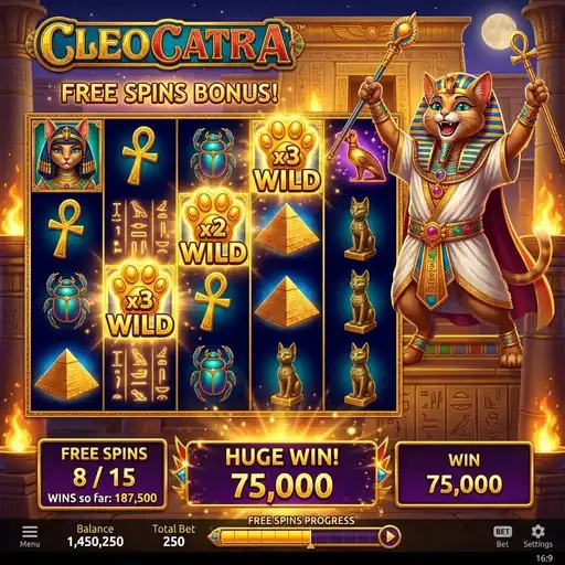Cleocatra free spins multiplier building cat Egyptian symbols cascading tumble bonus round persistent growth