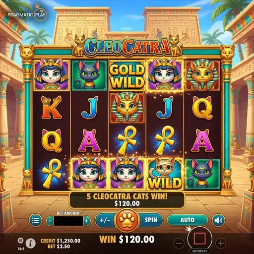 Cleocatra base game with Egyptian cat symbols on a 6x5 grid