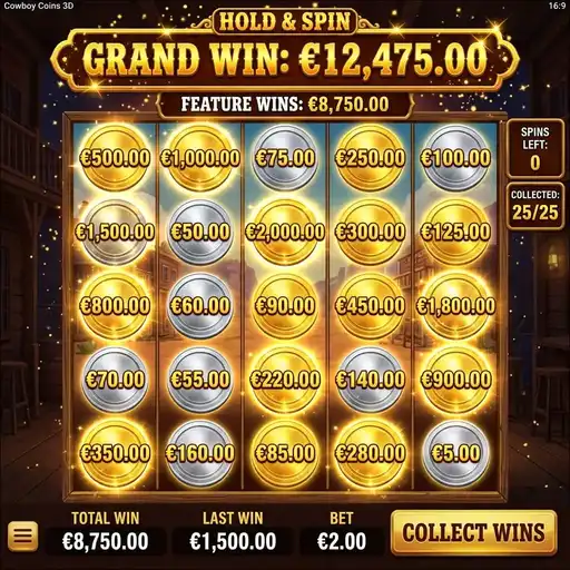 Cowboy Coins Hold and Spin with multiplier modifier coins locked on board jackpot corners active western cowboy grid