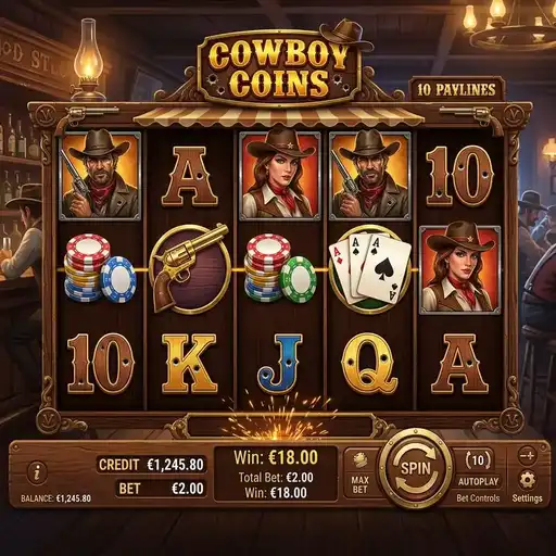 Cowboy Coins slot 5x3 grid western cowboy theme Hold and Spin with massive 30000x max win gold coins desert backdrop