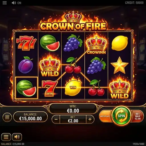 Crown of Fire slot with Celtic fire symbols and 9 fixed paylines