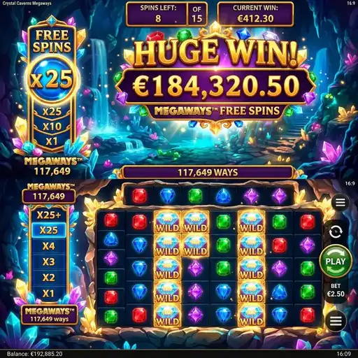 Crystal Caverns Megaways free spins crystal collection meter filling progressive multiplier glowing cave cascading