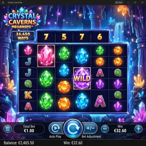 Crystal Caverns Megaways slot 6 reel variable grid fantasy crystal cave theme collection mechanic cascading wins