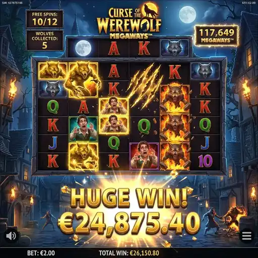 Curse of the Werewolf Megaways free spins transformation wilds covering grid with progressive multiplier trail horror theme