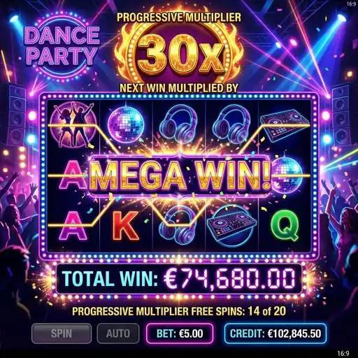 Dance Party free spins with intensified neon effects and DJ wild multiplier